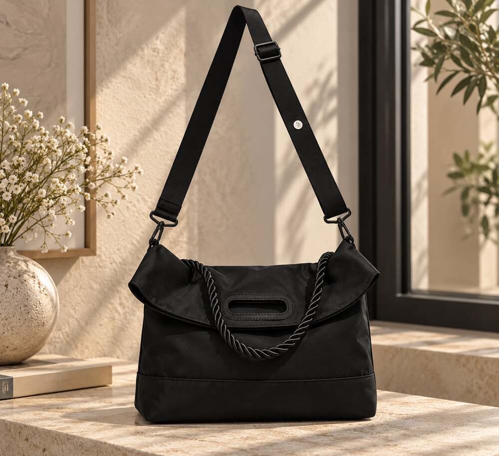 Black Nylon Crossbody Bag with Twisted Rope Handle and Adjustable Strap